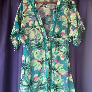 Miken Green and Yellow Graphic Tie Front Blouse